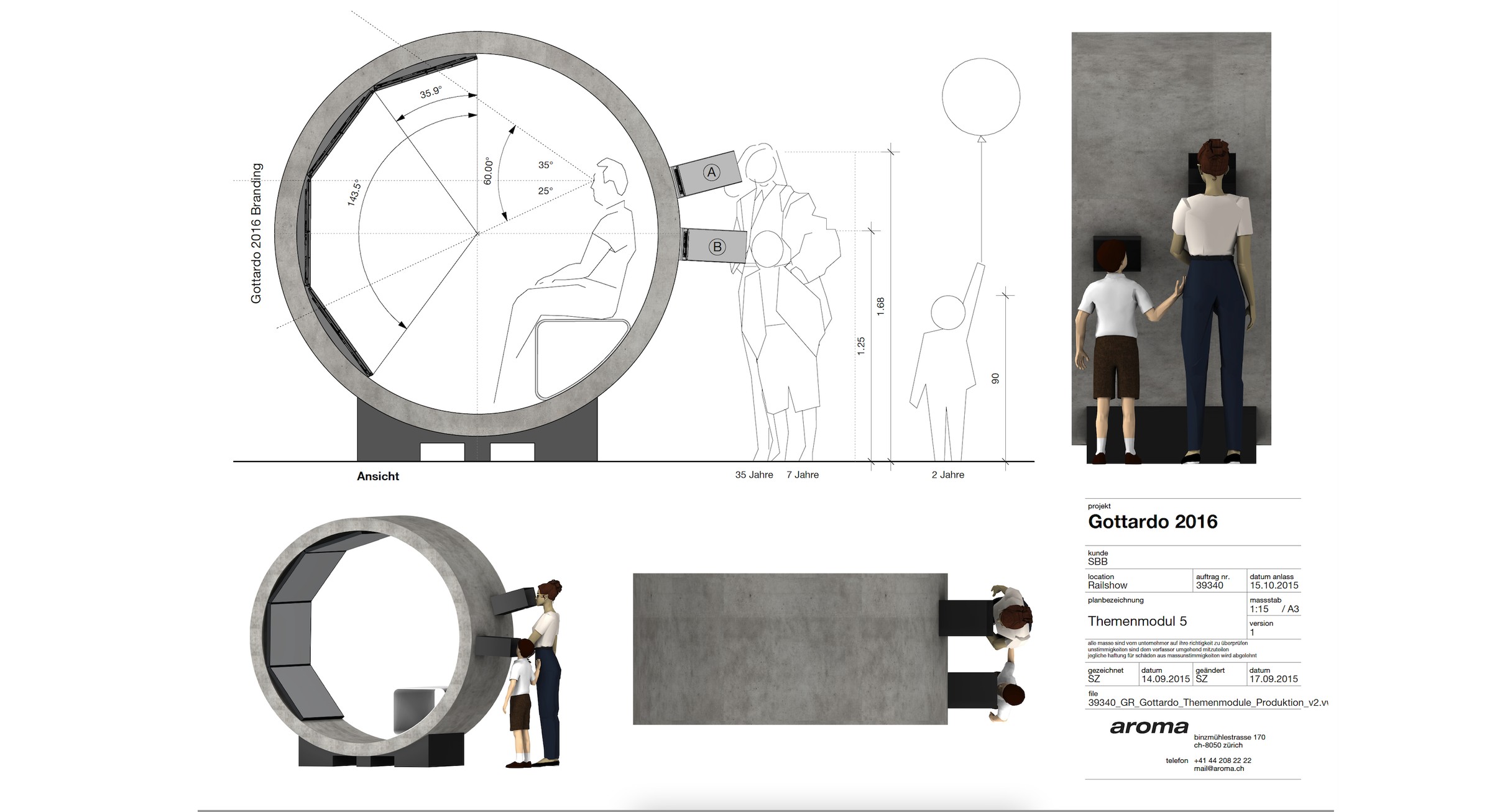 Technical production drawing of a Gottardo 2016 tunnel module — elevation, section and human-scale study